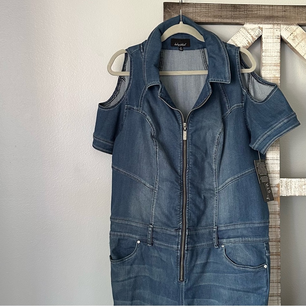 Baby Phat Short Sleeve Cold Shoulder Zip Jean Jumpsuit NWT; Size: 20 (Junior)